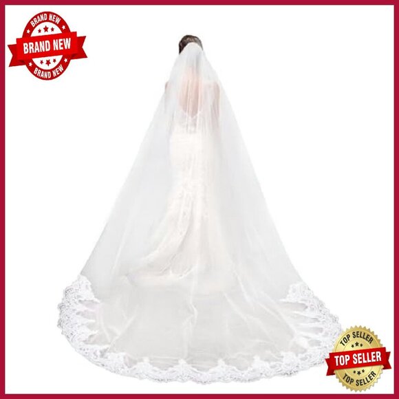 Long Chapel Lace Bridal Veil with Comb, Soft Tulle Material